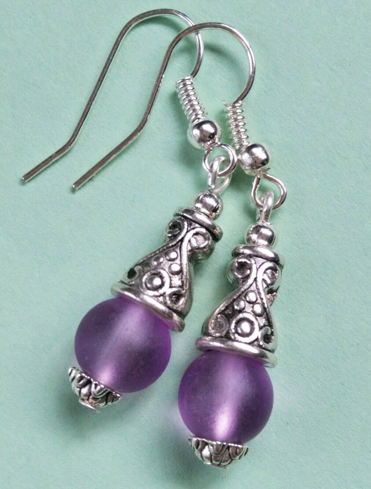 lavender frosted GLASS Bali style drop earring SP fish hook HANDCRAFTED
