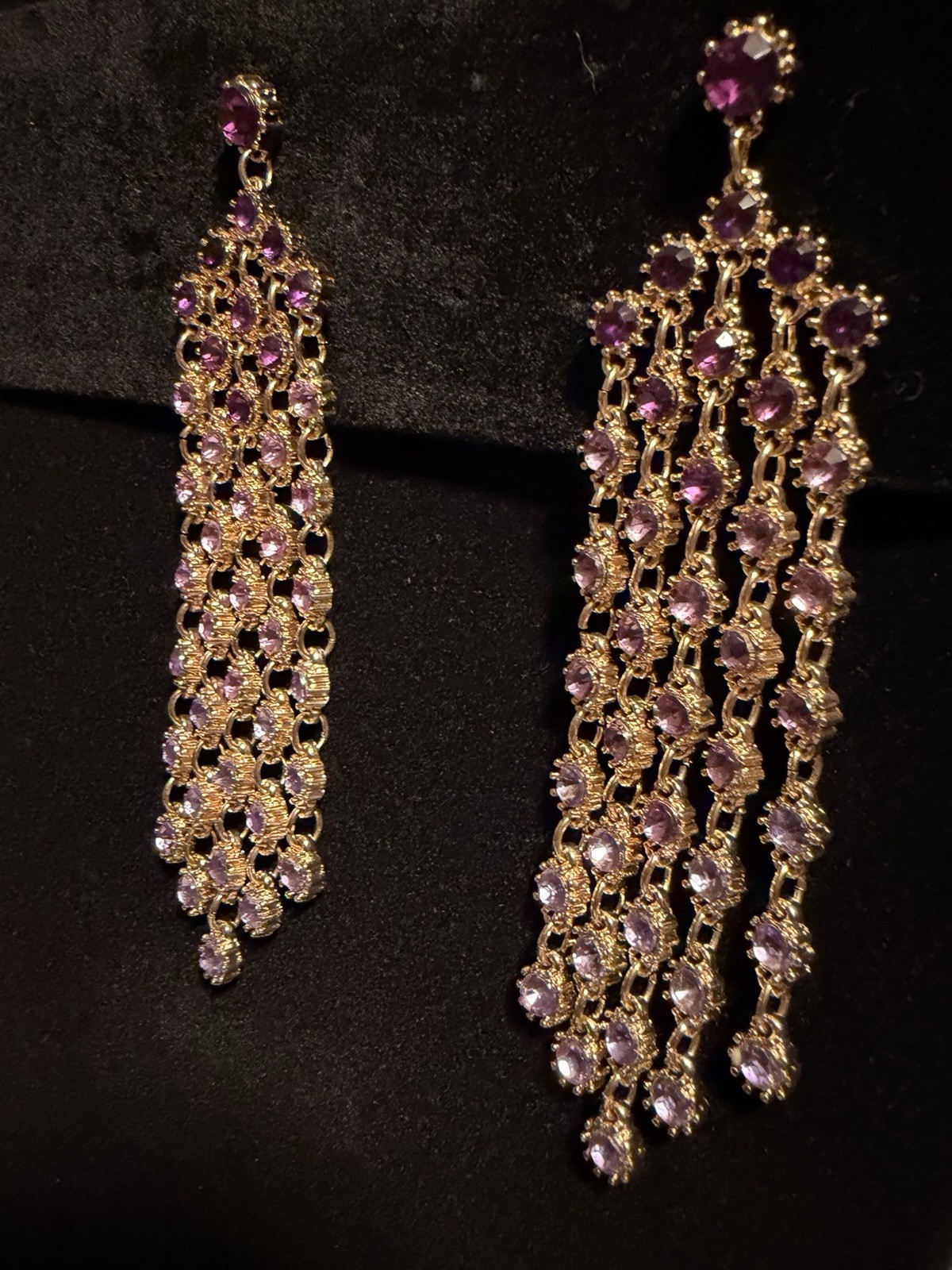 Gold Tone Purple & Clear Round Simulated Rhinestone Cluster Chandelier Earrings