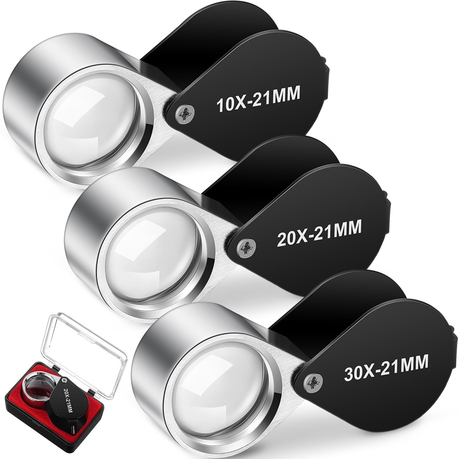 Frienda 3 Pieces Jewelers Eye Loupe Set 10X, 20X and 30X Pocket Jewelry Loupe, J