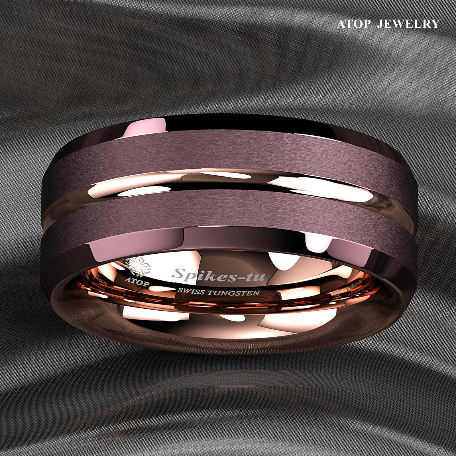 8/6mm Plated Metal Tungsten Mens Ring Rose Gold Groove Stripe ATOP Wedding Band