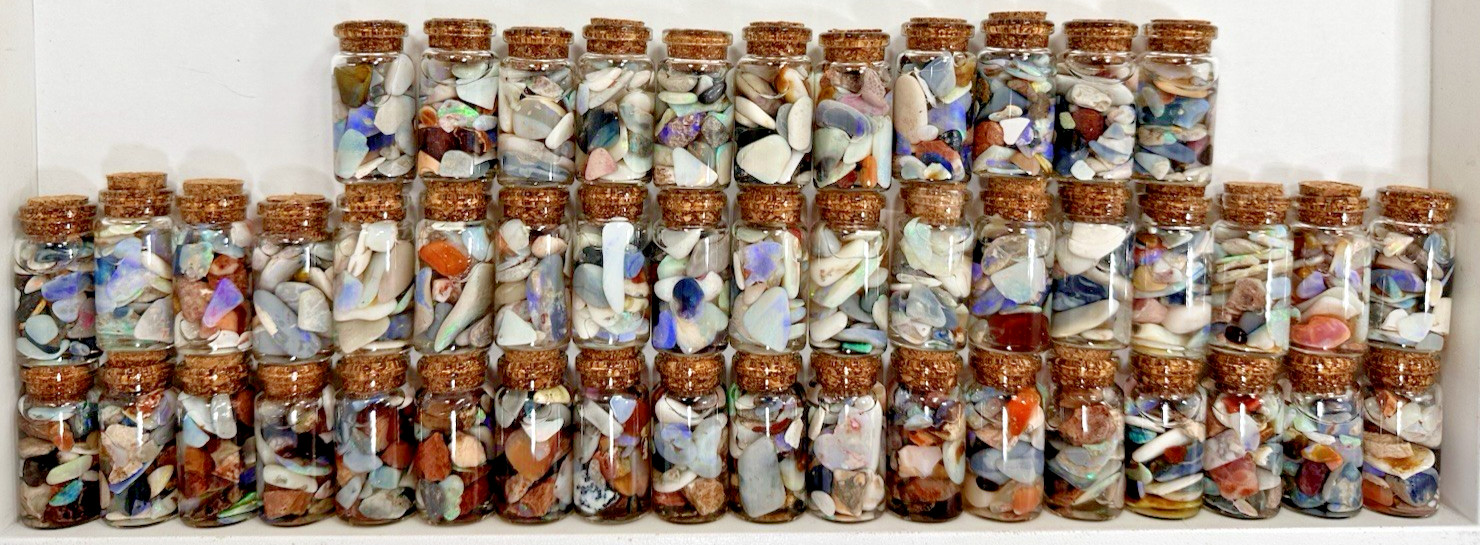 40 ct Premium Australian Coober Pedy Rough/Rubs Opals in Glass Bottles