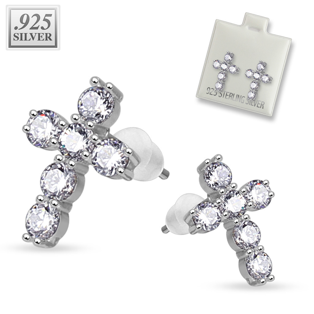 Pair of .925 Sterling Silver Prong Set CZ Cross Ear Studs Earrings 20g (0.8mm)