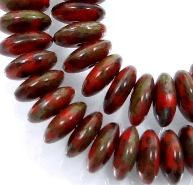 50 Czech Glass Rondelle Beads – Opaque Red – Picasso 6x2mm