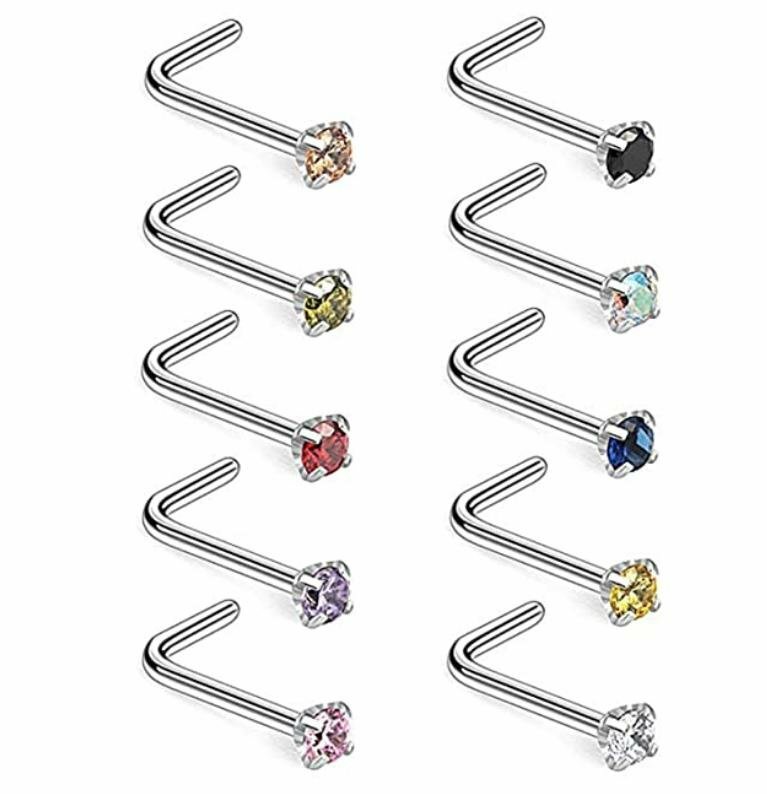 18G Surgical Steel Mix Color CZ L Shaped Nose Stud Rings Piercing Jewelry 10PCS