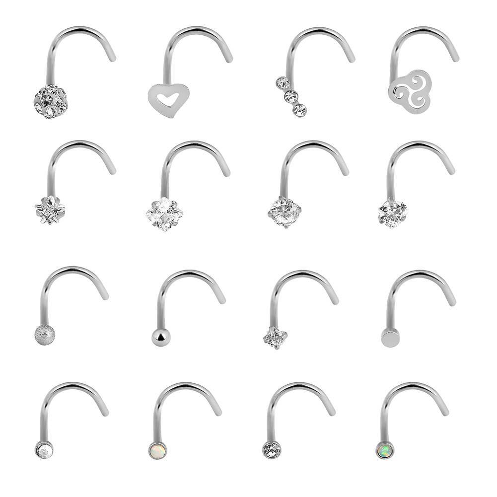 20G Nose Hoop Rings Surgical Steel Screw Studs Cartilage Piercing 16PCS Set