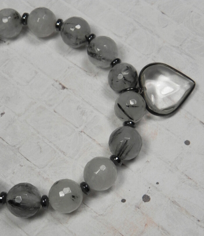 Rutilated Quartz Hematite Spacer Heart Charm Stretch Bracelet Handmade 7.5″ New