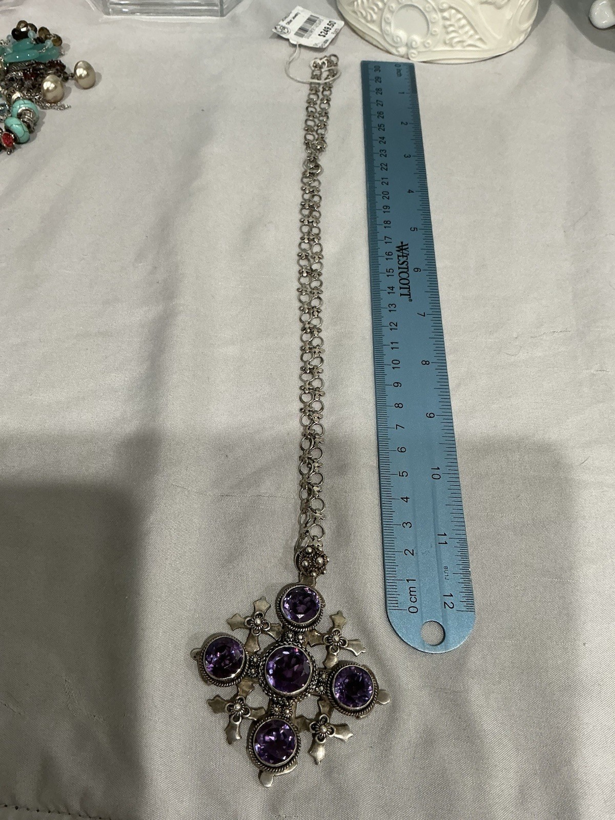 Jerusalem Silver Cross Pendant Necklace Purple Amethyst 5 Stone Bezel Cable