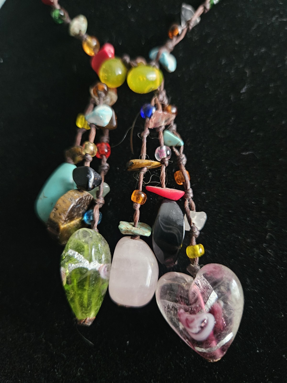 Boho-style multi-bead Multicolor 48″Lariat Wrap Necklace Glass Hearts Charms