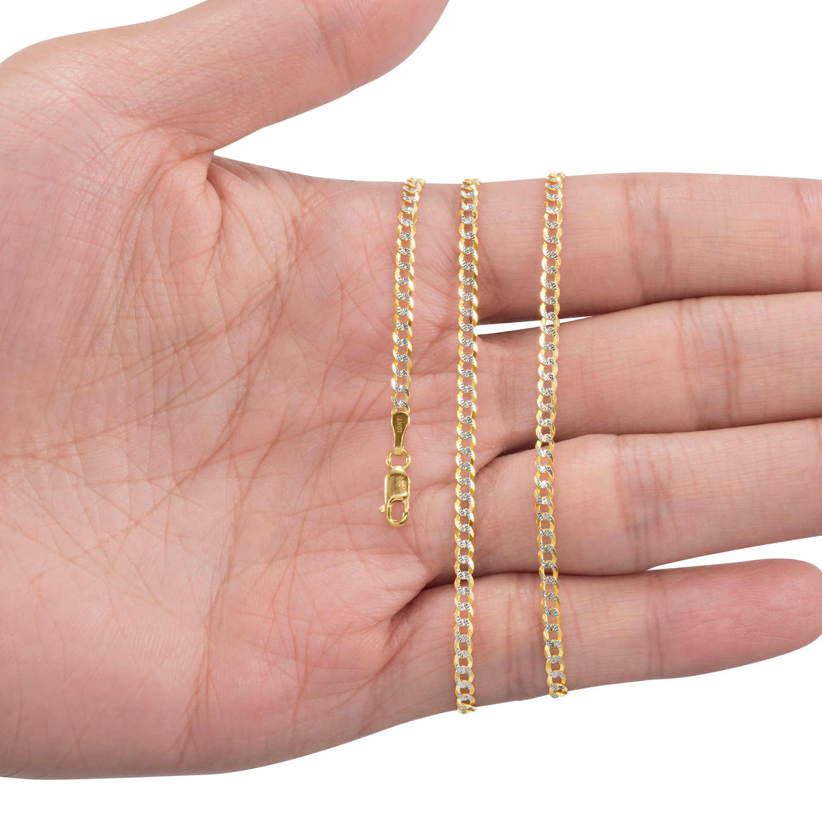10K Solid Gold 2-12mm Diamond Cut Pave Curb Chain Cuban Necklace Bracelet 7″-30″