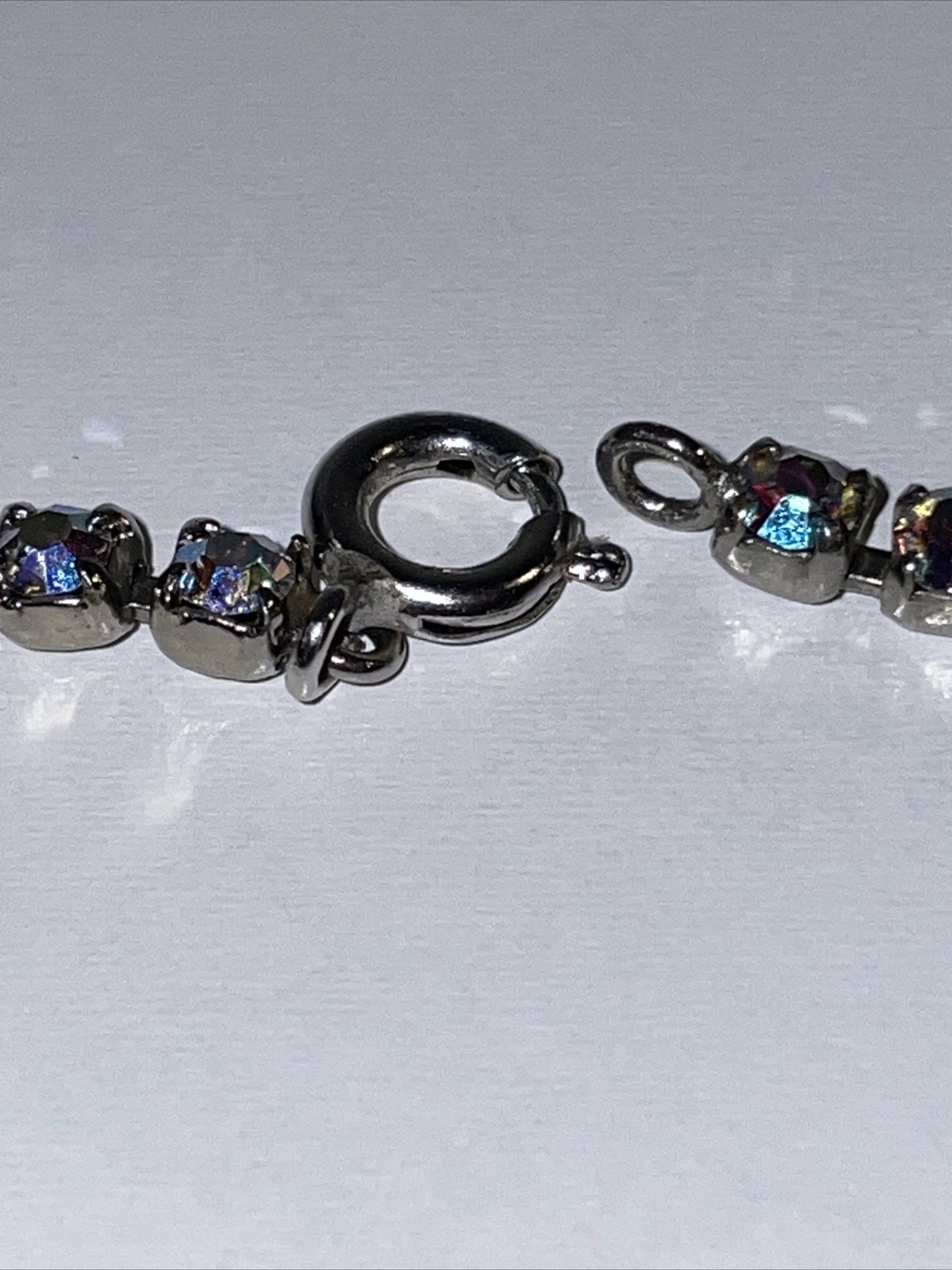 NOS! Vintage Blue Tint Aurora Borealis Rhinestone Necklace Unsigned Foil Back E5