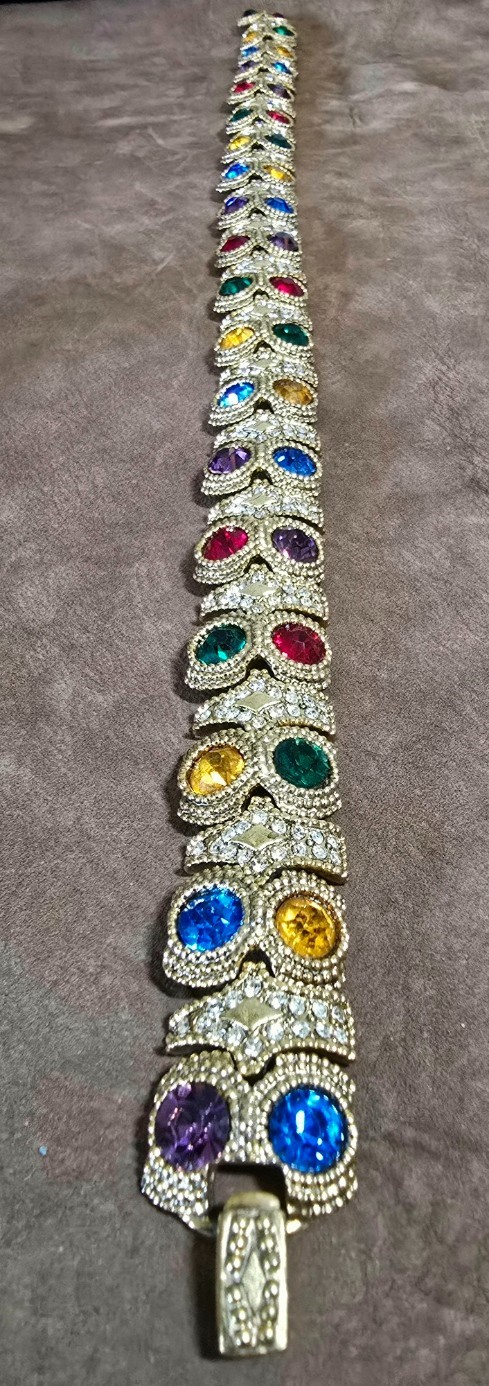 Vintage Unsigned Rhinestone Necklace & Clip Earring Set Multicolor Gold Tone