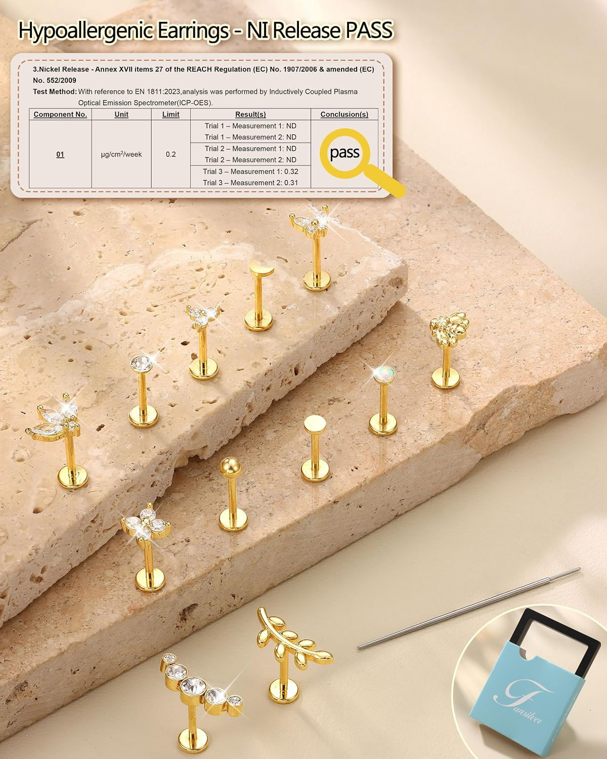 14K Gold Plated Threadless Flat Back Earrings for Women Men | 316L Surgical Stee