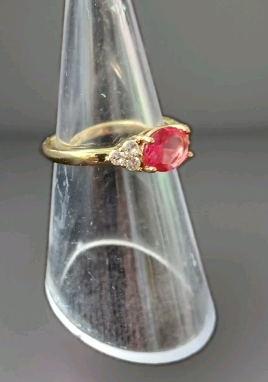 Gold Tone Ring w/ Oval Pink Stone And White Color Zarconia Stones