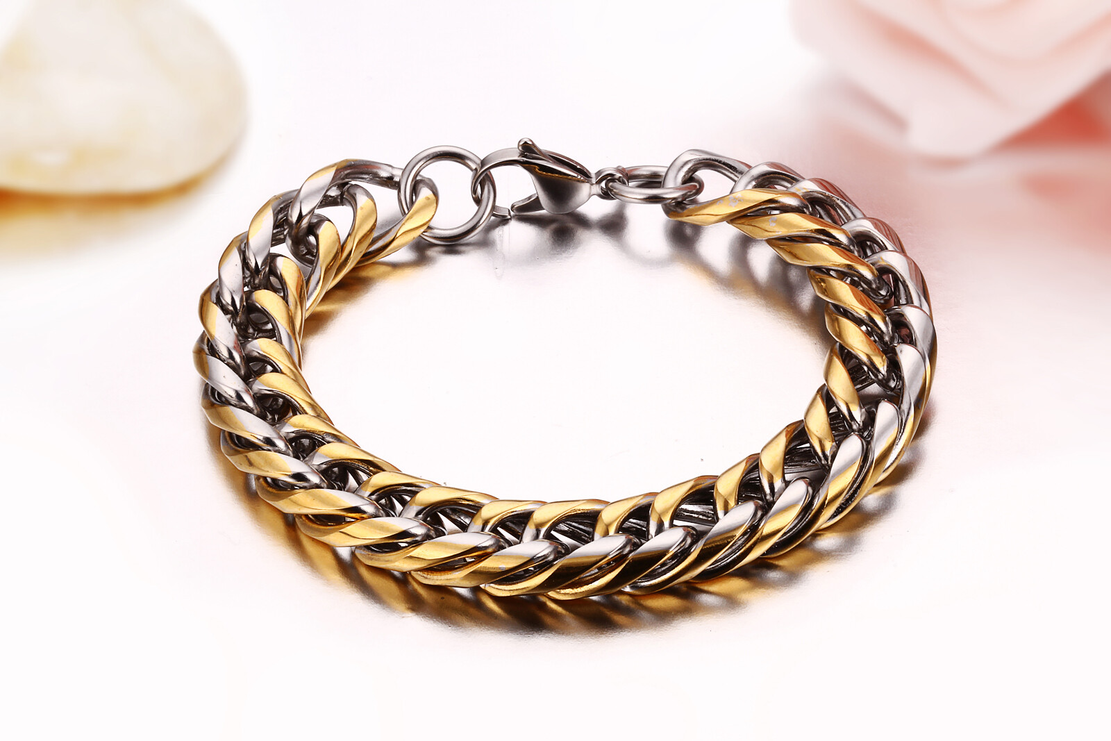 Mens Gold Tone Stainless Steel Heavy Cuban Curb Link Chain Bracelet Bangle 8.26′