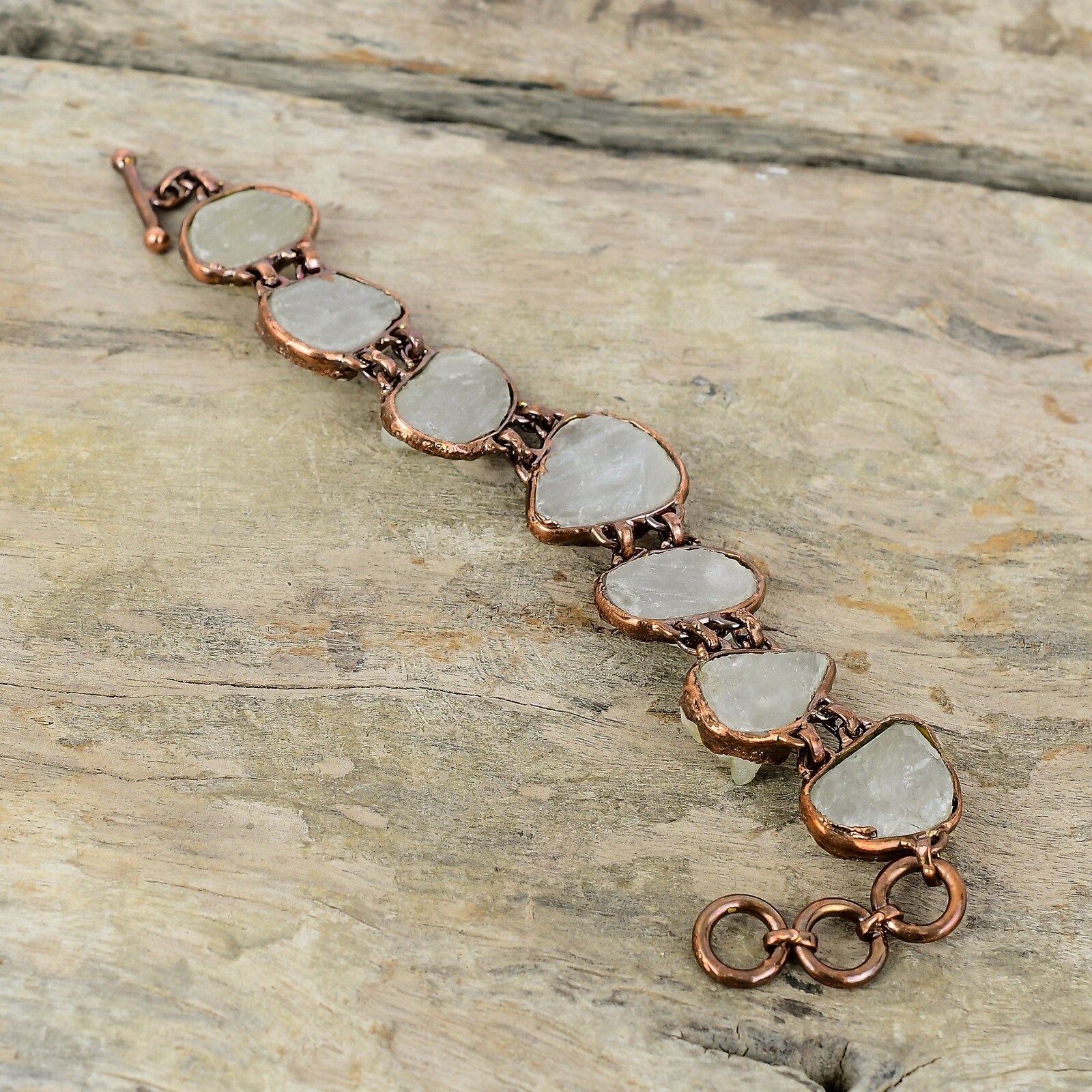 Rainbow Moonstone Rough Copper Love Gift Electroformed Adjustable Bracelet 6.0″