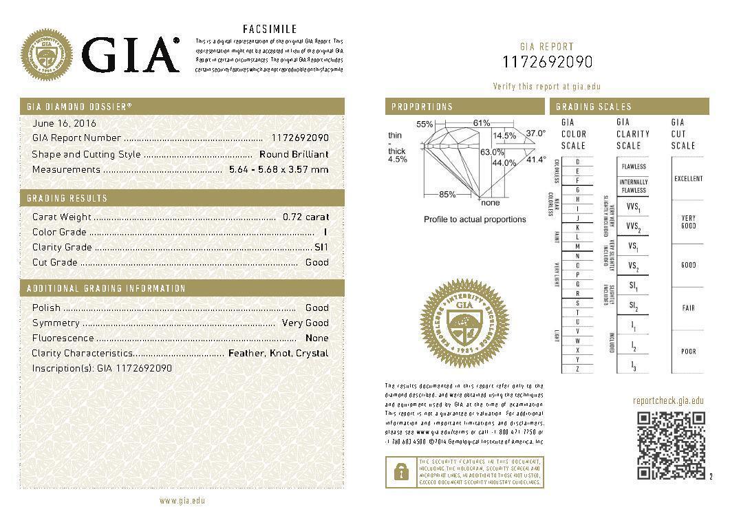 GIA Certified Round Brilliant 0.72 Carat CT I Color SI1 Clarity Loose Diamond