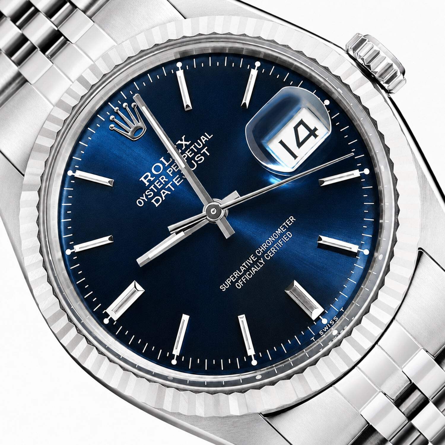 36mm Rolex Datejust 1601 18K White Gold Bezel Dark Blue Dial Jubilee Men’s Watch