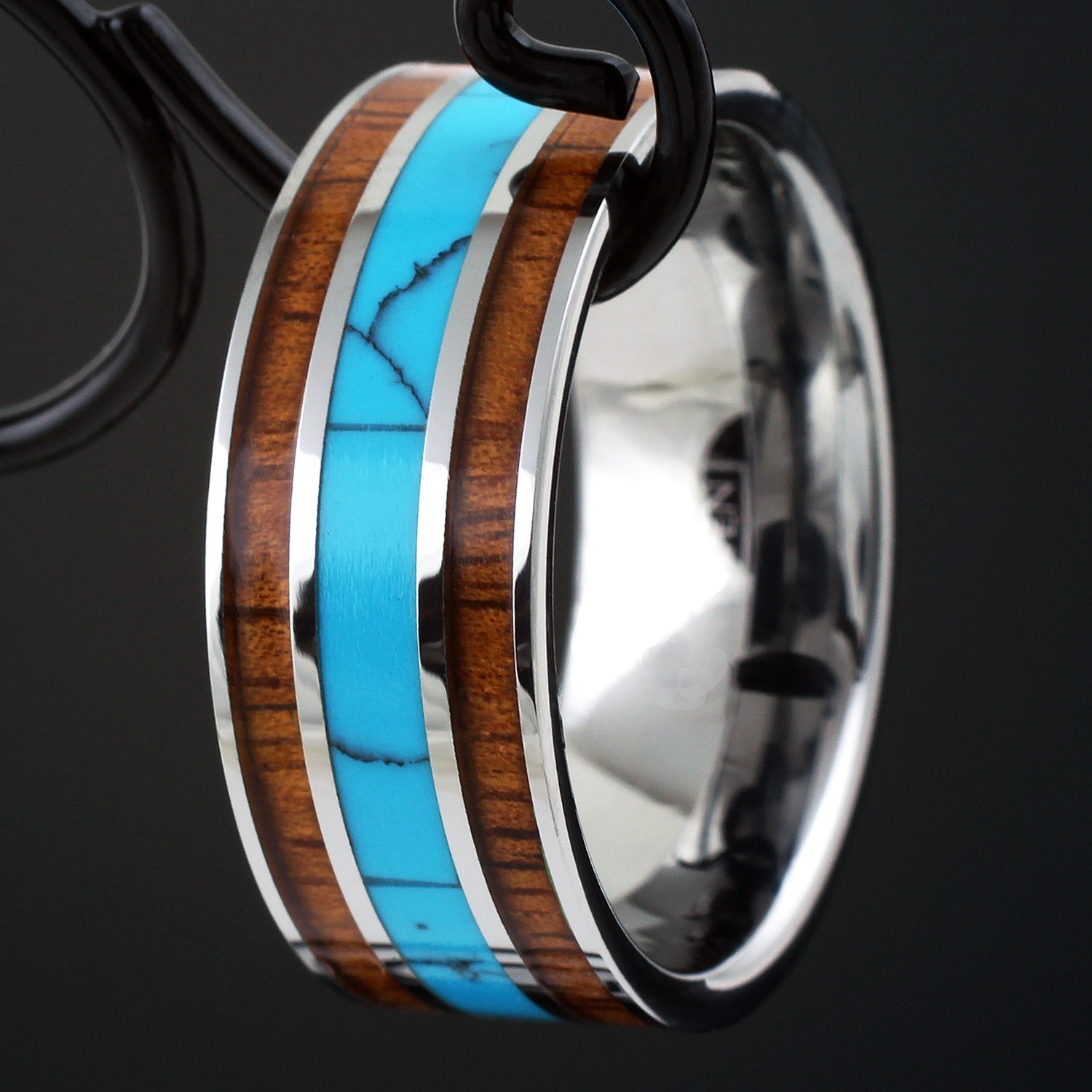 10mm Tungsten Men’s Turquoise and Double Hawaiian Koa Wood Wedding Band