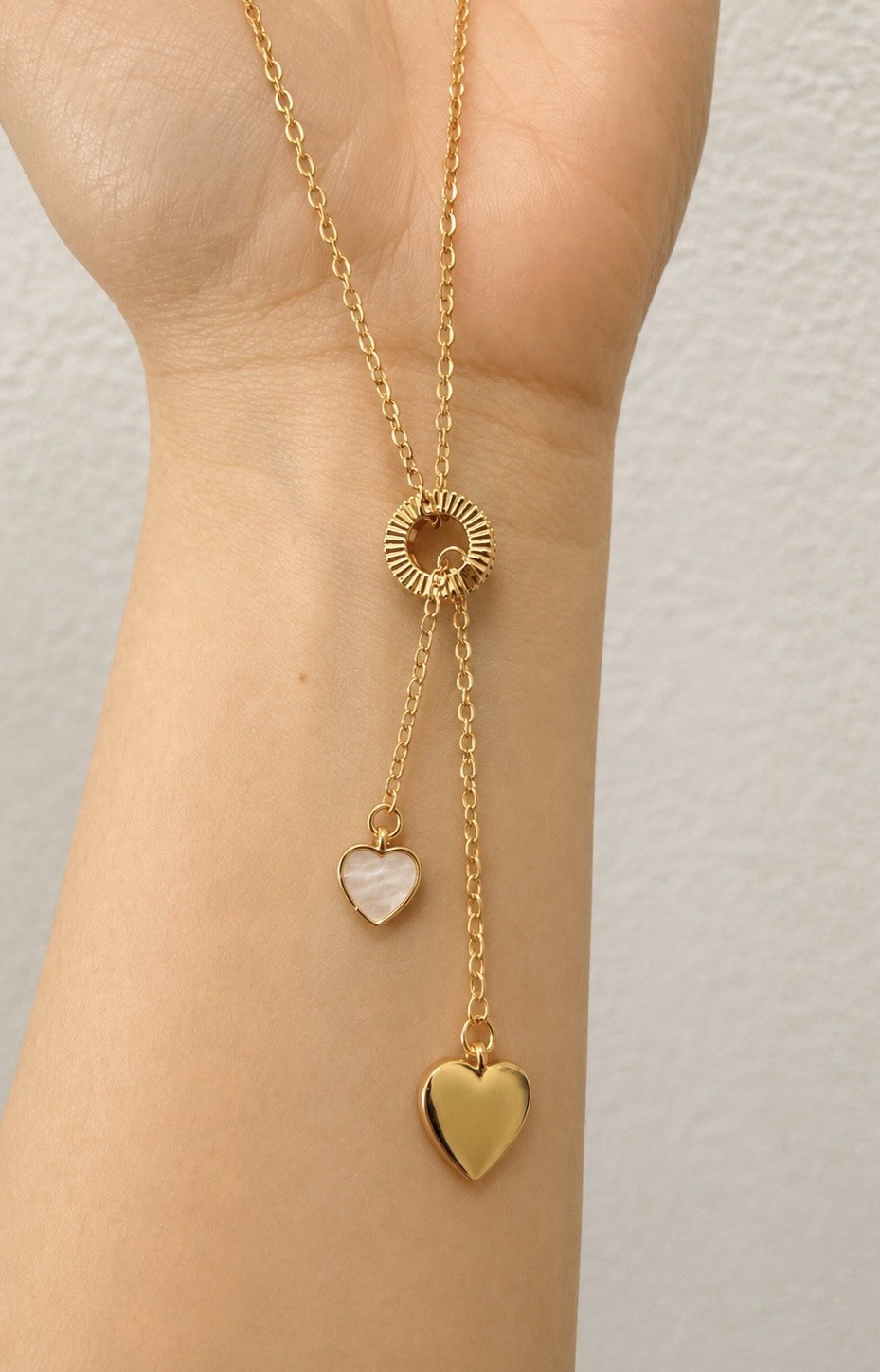Heart Necklace Gold Plated Adjustable Lariat Y Mother of Pearl CZ Charm
