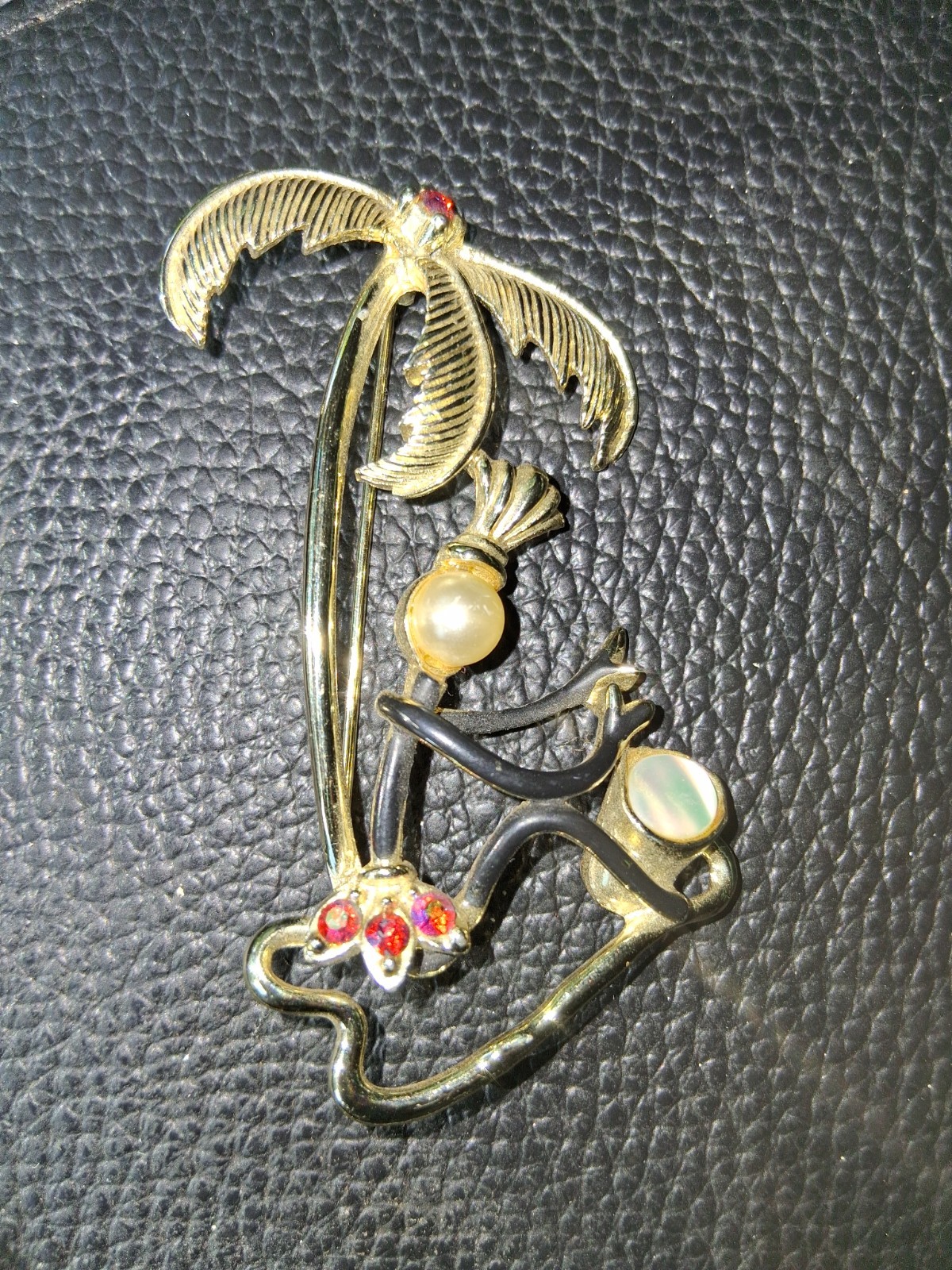 Vintage 1940s Coro Island Native Drummer Palm Tree Brooch Pin Retro Enamel Faux