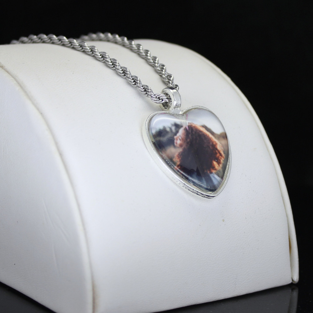 Heart Picture + Glass Photo Pendant Gold Plated Stainless Steel Necklace Jewelry