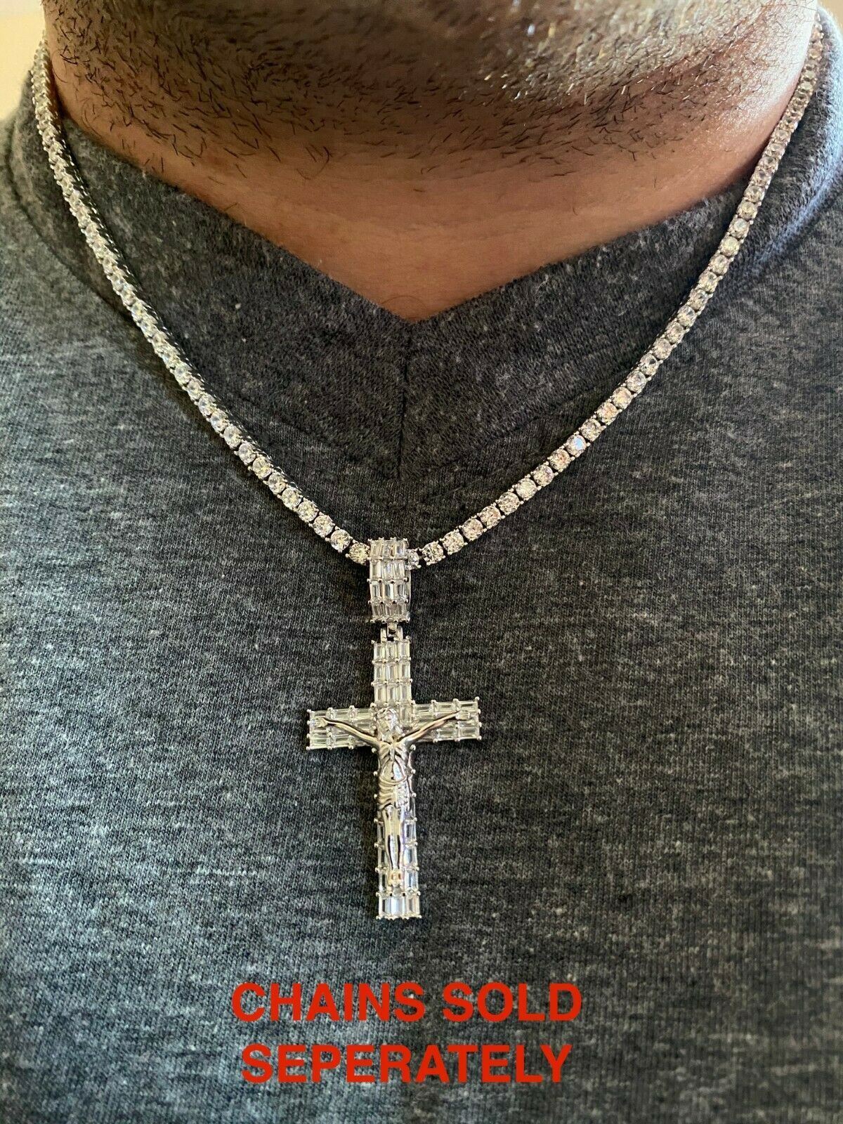 Solid 925 Sterling Silver Cross W. Jesus Pendant Baguette Iced CZ Necklace Big