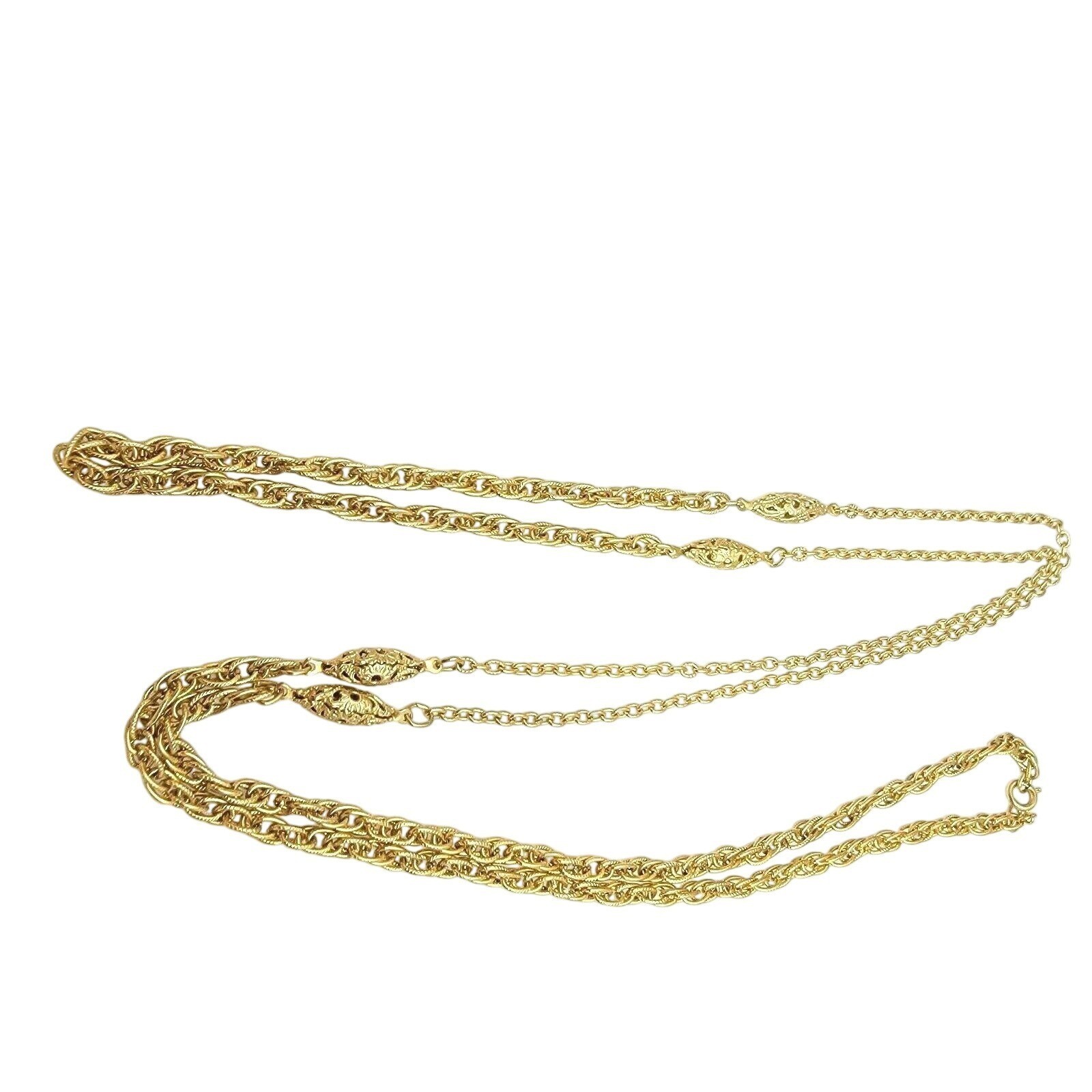 Twisted Rope Chain Single Strand Necklace 53″ Long with Gold Tone Cylinder Beads