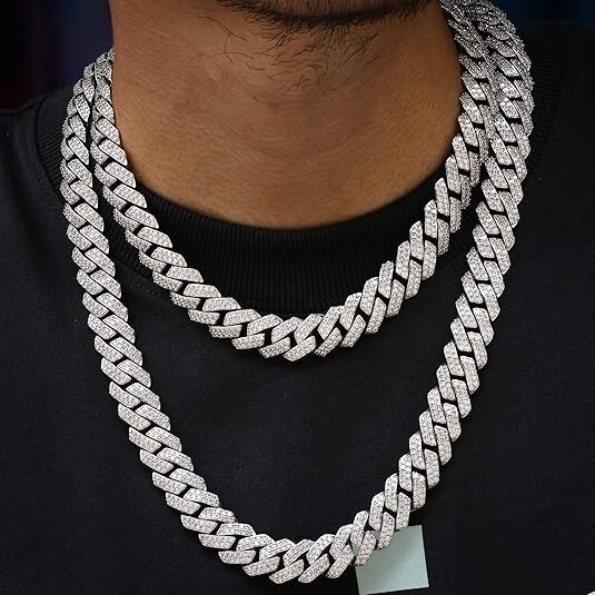 White Gold Plated Full Iced CZ Out Stainless Steel Mens Cuban Link Chain 15MM