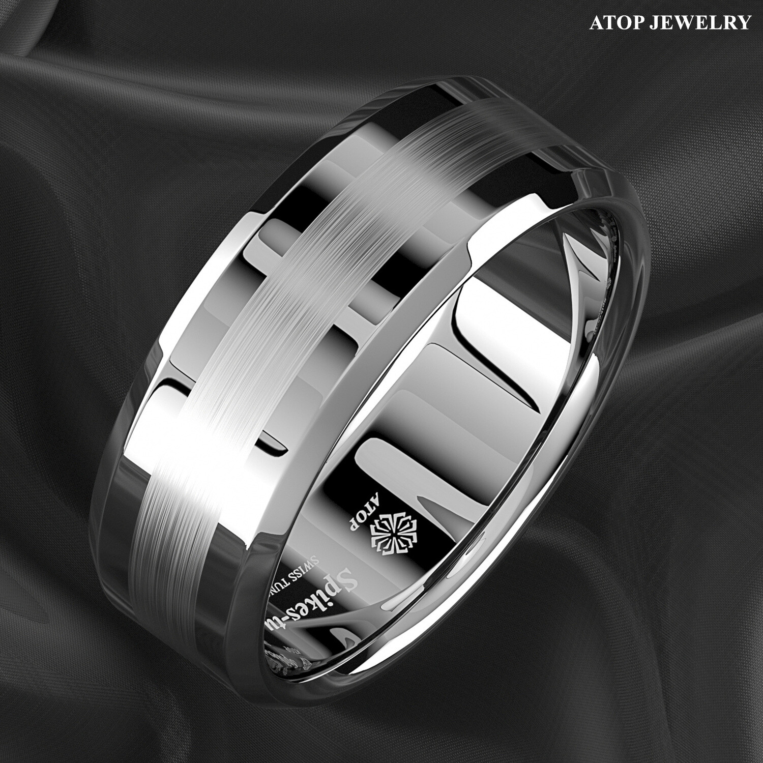 8/6mm Brushed Center Silver Tungsten Carbide ring Wedding Band ATOP Mens Jewelry
