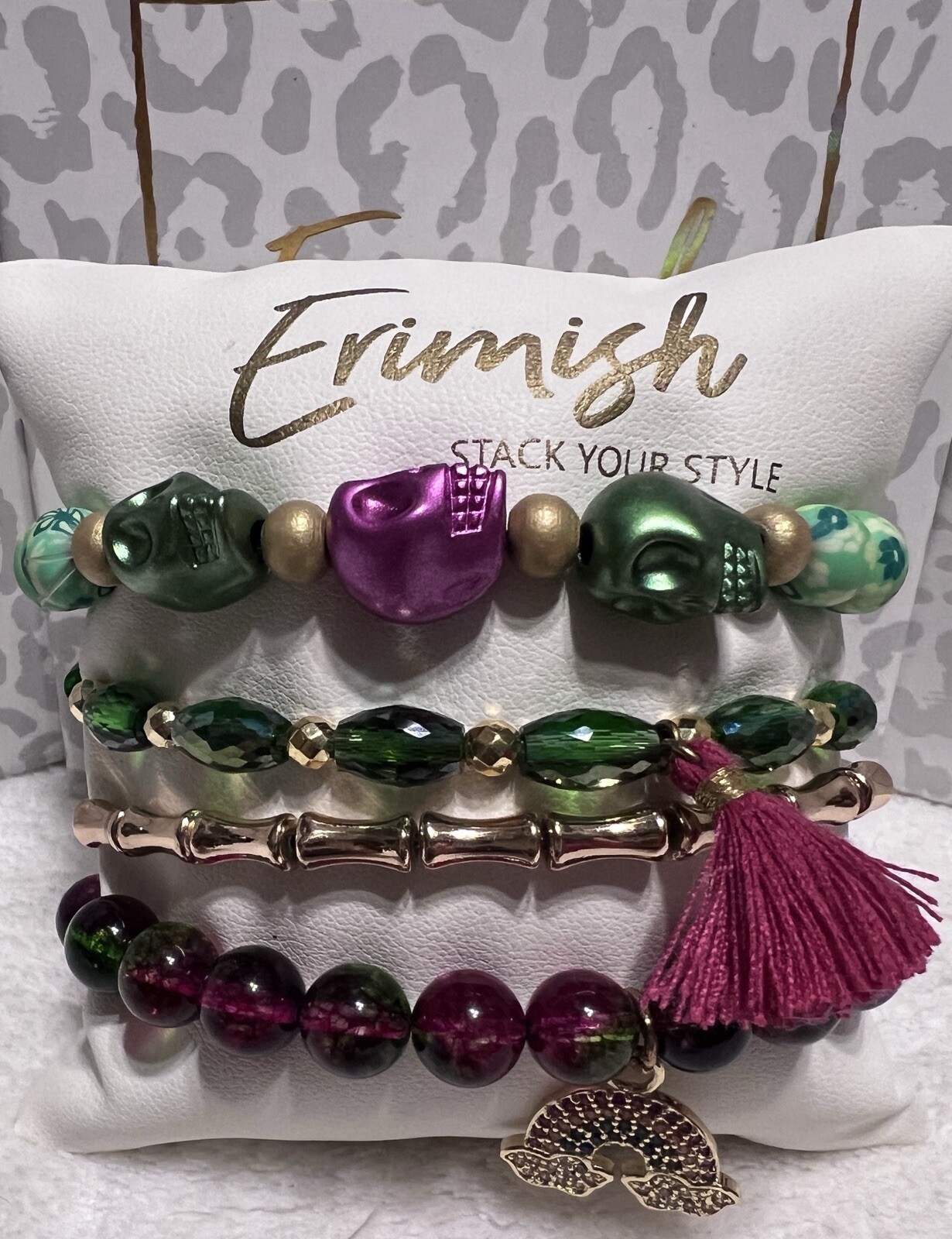 NEW! ERIMISH BRACELETS 4 pc stack – Hot Pink, Green & Gold Halloween Skulls