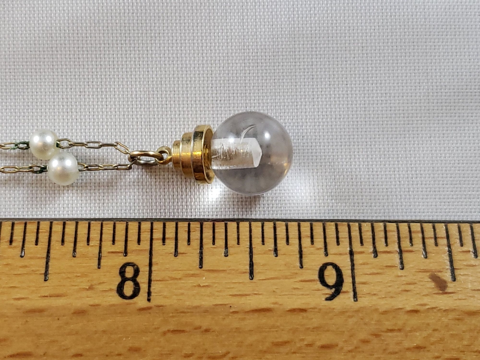 Vintage Unsigned Gold Tone Chain Necklace Clear Marble Pendant Faux Small Pearls