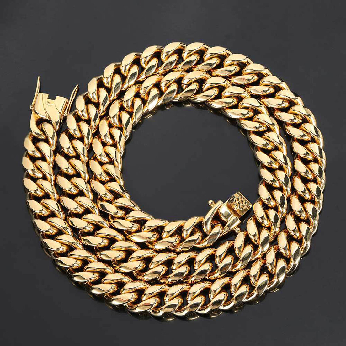 Mens Miami Cuban Link Bracelet or Chain Necklace 18k Gold Plated Stainless Steel