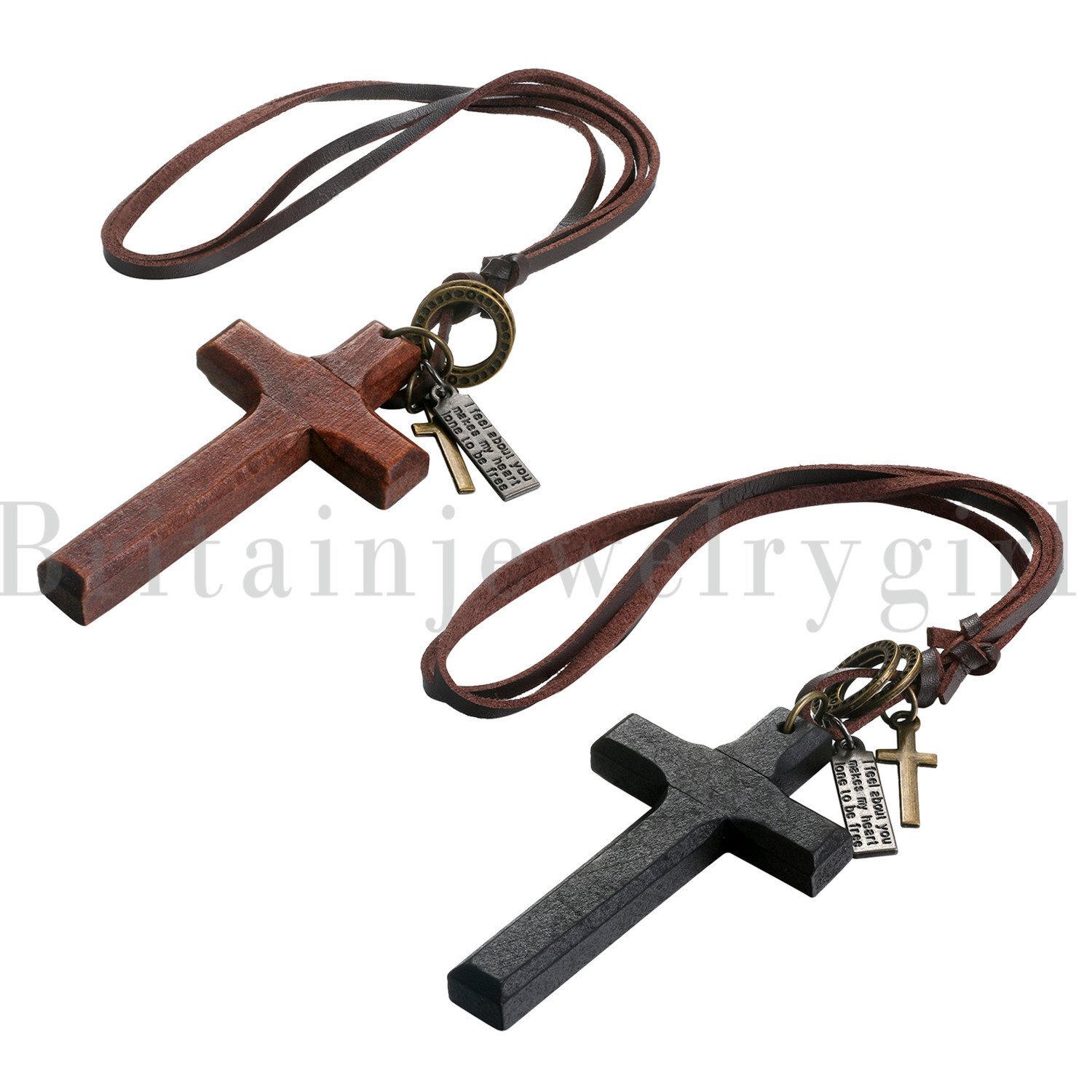 Flongo Vintage Wooden Cross Pendant Leather Rope Necklace Adjustable Men Women