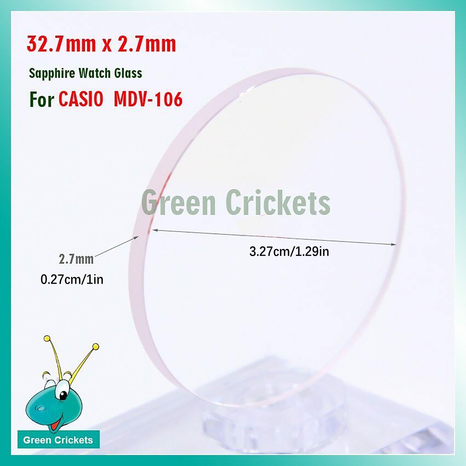 Sapphire Flat Watch Glass Replacement Parts 32.7mm x 2.7mm For Casio MDV-106 K