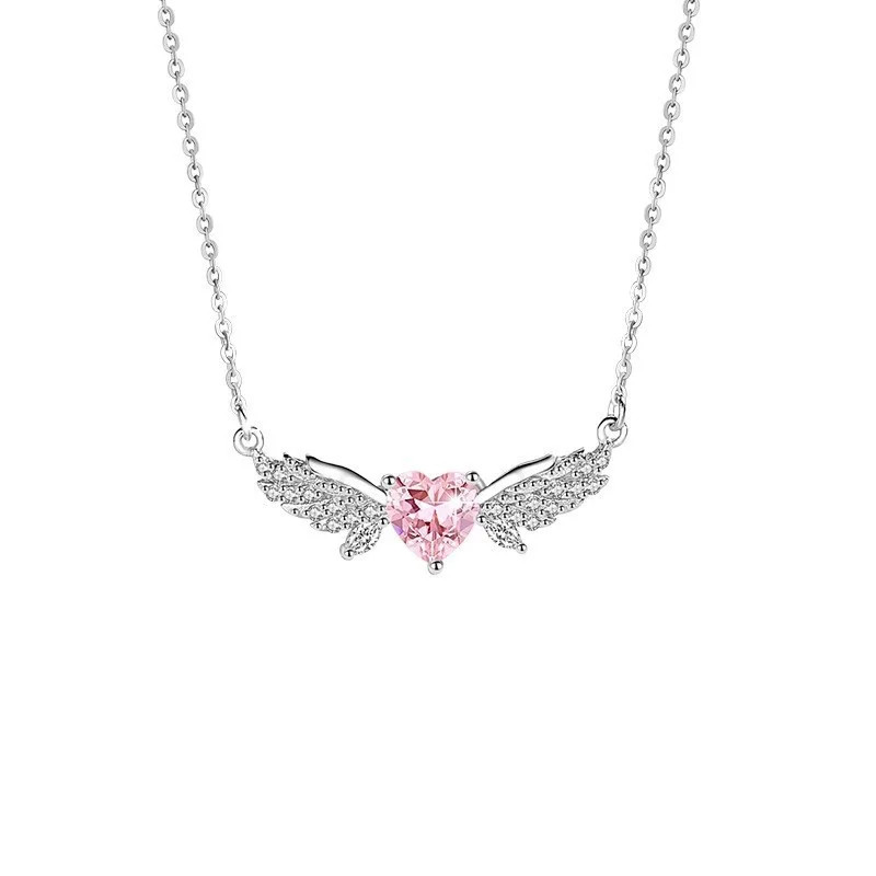 Crystal Angel Wings Pink Heart Pendant Necklace Women Clavicle Chain Choker