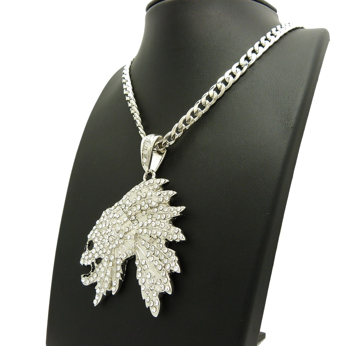 SILVER PLATED ALLOY CUBIC ZIRCONIA SKULL CHIEF & CUBAN CHAIN HIP HOP NECKLACE
