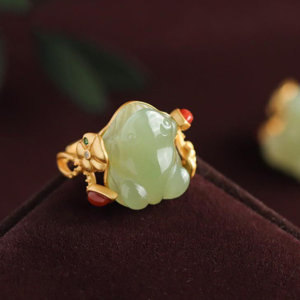 Green Jade Frog Rings Natural 925 Silver Women Adjustable Ring Jewelry Carved