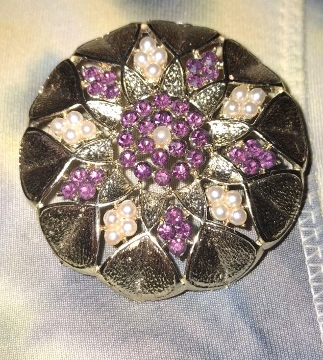 Vtg Unsigned Faux Pearl Purple Rhinestone Statement Brooch Pin Domed Goldtone