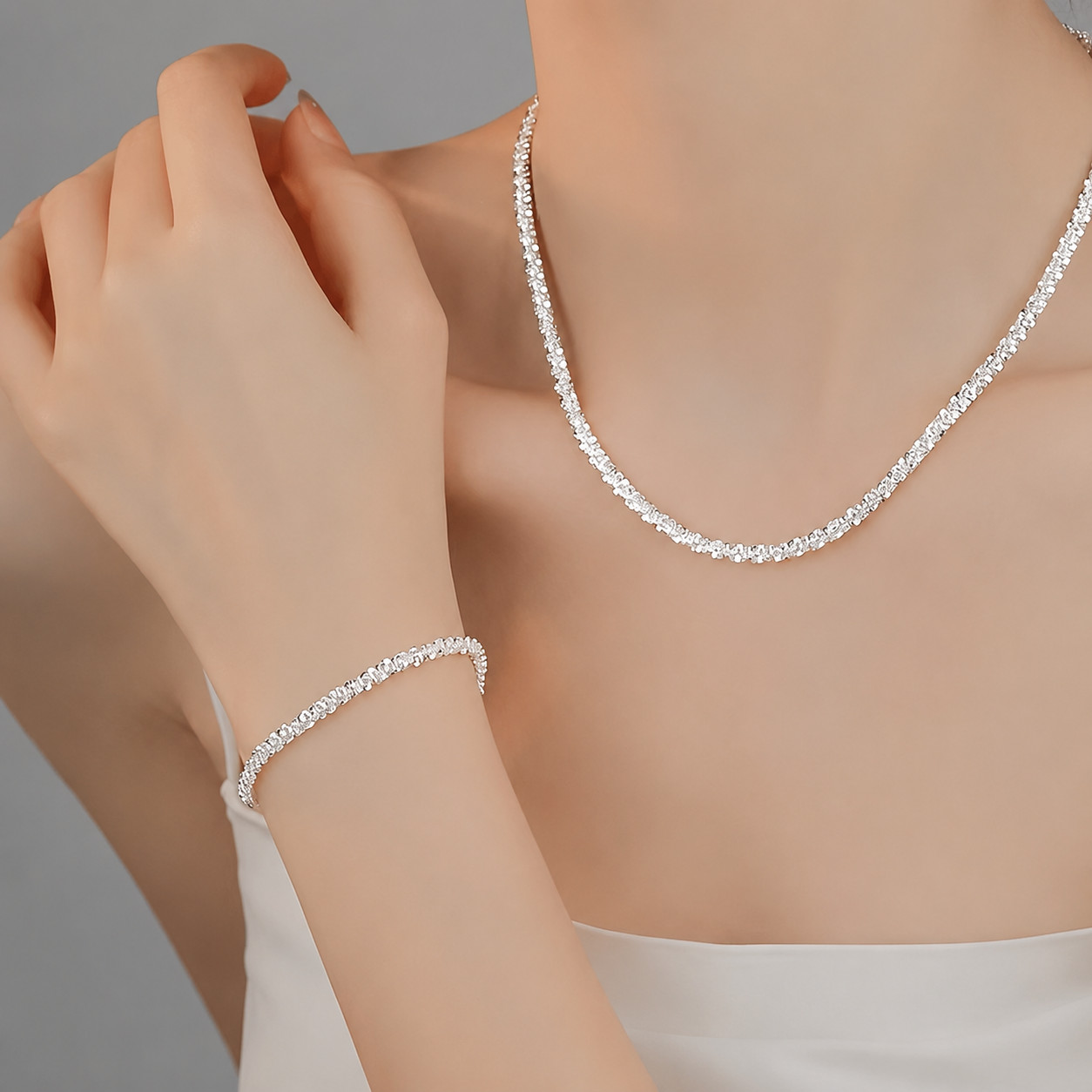 2PCS 925 Sterling Silver Chain Necklace Bracelet Jewelry Set for Women Men