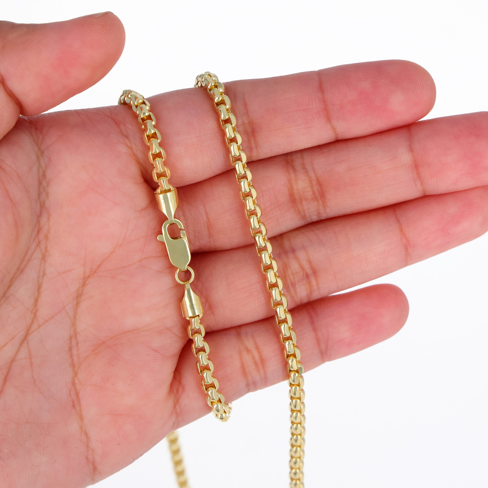 14K Yellow Gold 1.5mm-3.5mm Venetian Round Box Chain Necklace Men Women 16″- 30″