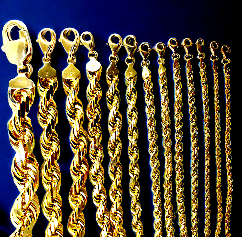 14K Yellow Gold SOLID Rope Chain Bracelet Diamond Cut Real Gold 1mm-12mm 7″-9″