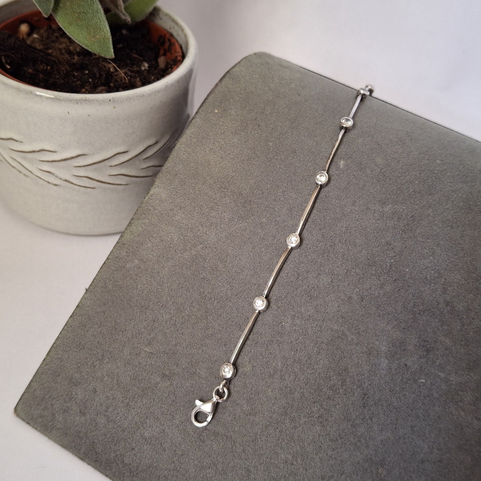 925 Sterling Silver CZ Station Link Bracelet Modern Minimalist Wedding Sparkle