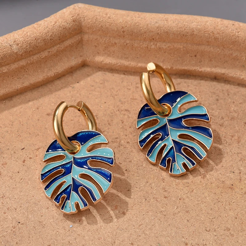 Colorful Big Leaf Pendant Gold Color Stainless Steel Earrings For Women