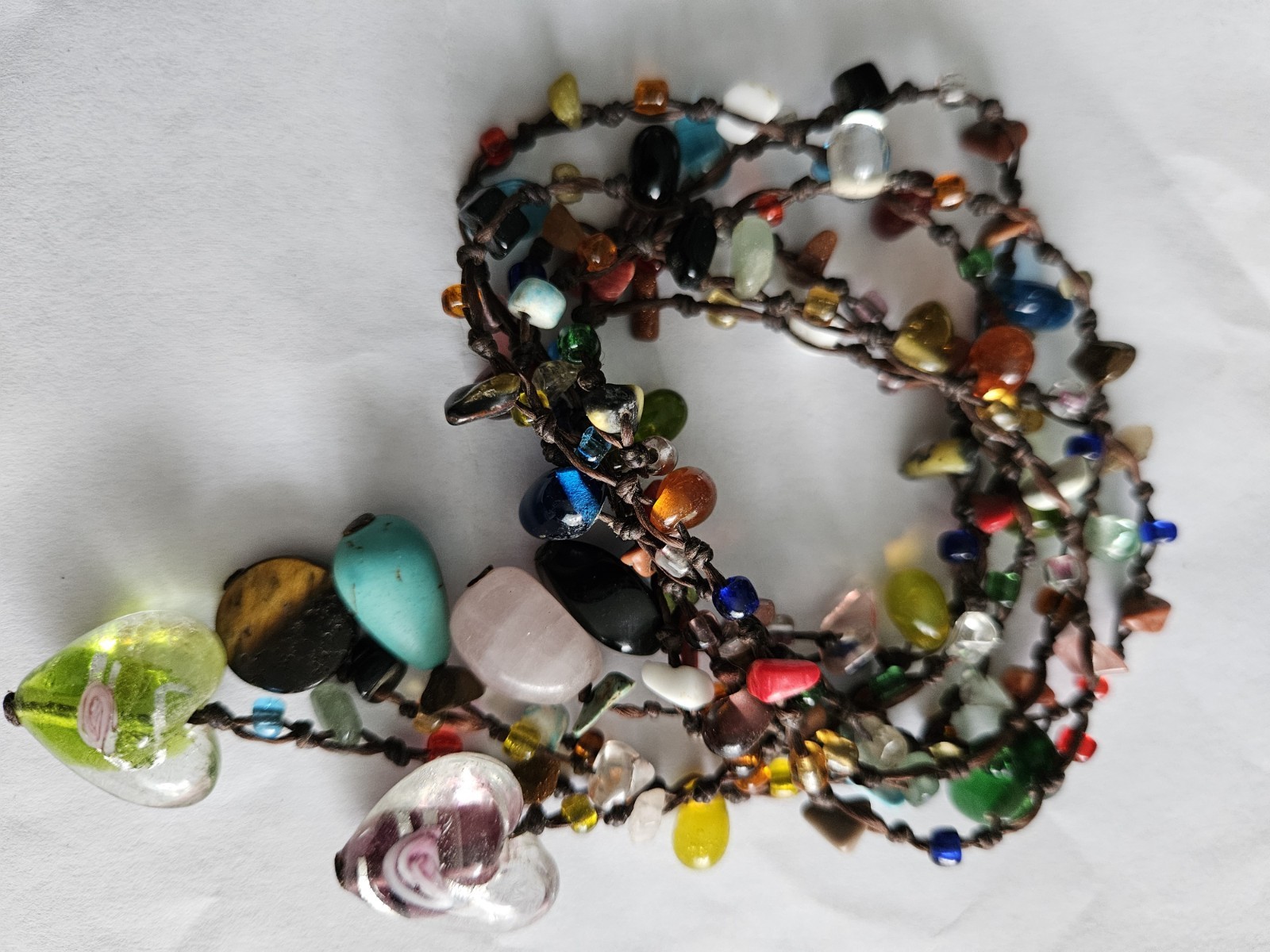Boho-style multi-bead Multicolor 48″Lariat Wrap Necklace Glass Hearts Charms
