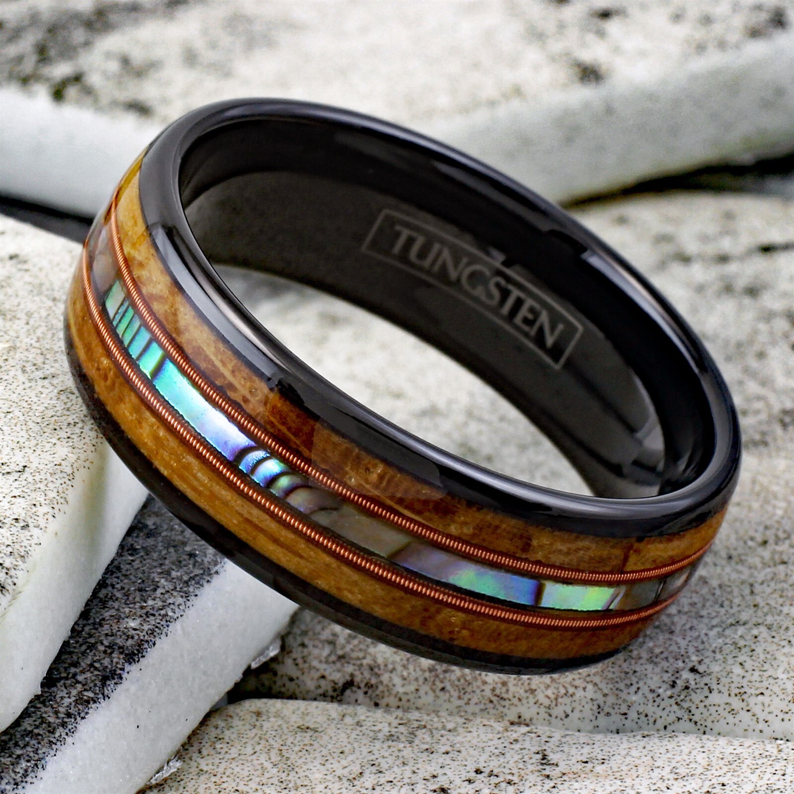 6/8mm Black Tungsten Whiskey Barrel Wood Abalone & Dual Guitar String Men’s Ring