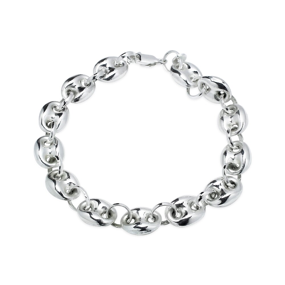Sterling Silver High Polished Puffed Anchor Mariner Chain Bracelet, 7 Inches