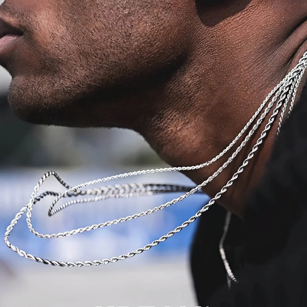 2mm Hip Hop Thin Twist Chain Necklace Punk Silver Color Stainless Steel Men Neck