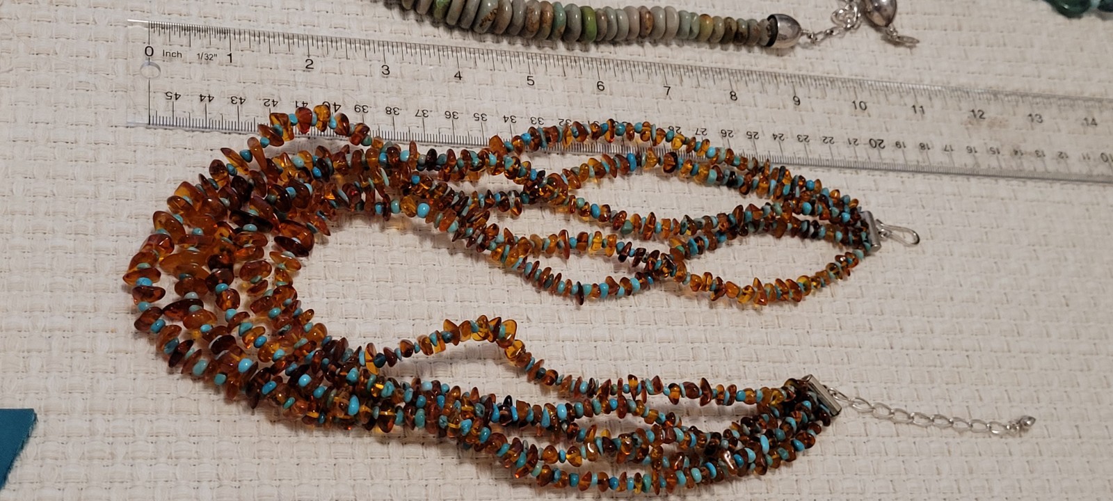 amber & turqoise 20 in nugget multistrand bead necklace w/sterling extend chain