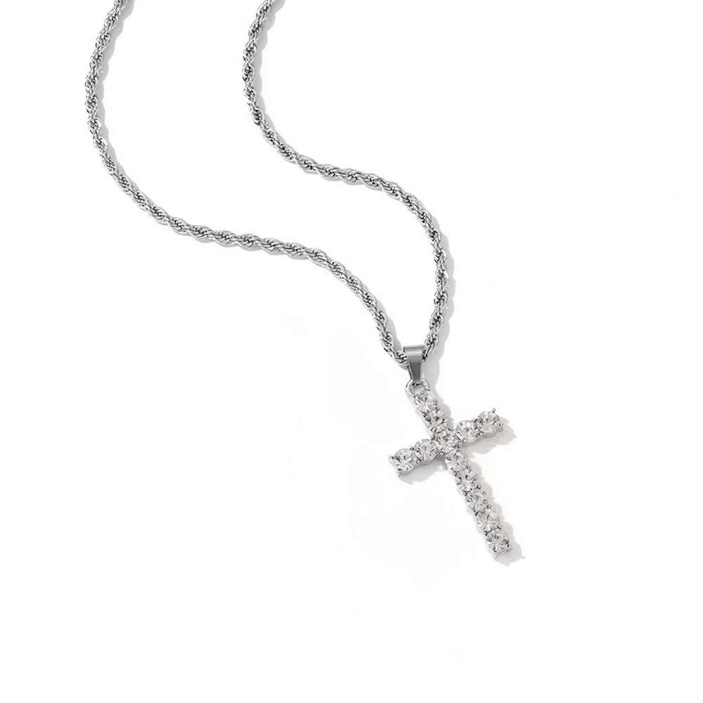 Hip Hop Stainless Steel Zircon Cross Pendant Necklace Retro Men Twist Chain Neck