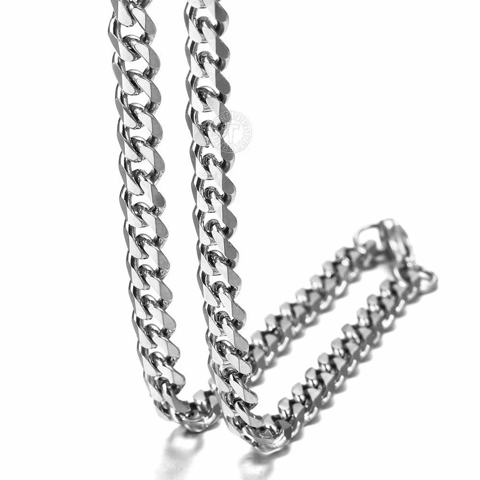 3/5/7mm Silver Tone Curb Cuban Link Chain Necklace Stainless Steel For Men Women
